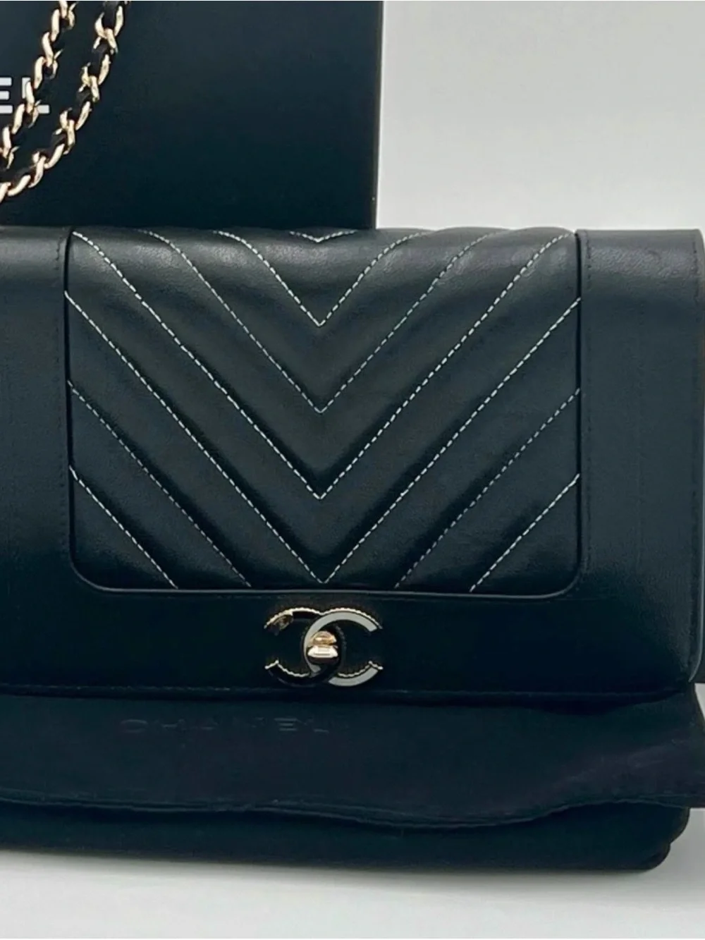 CHANEL Rare Black Chevron Wallet on Chain with Contrast Stitching/Logo COA